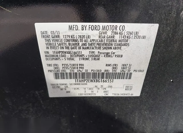 1FAHP2EWXBG166551 2011 2011 Ford Taurus- Sel 9