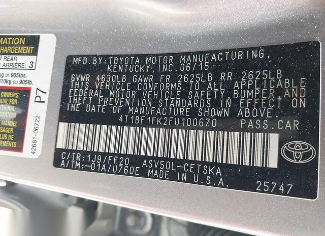 4T1BF1FK2FU100670 2015 2015 Toyota Camry- SE 9