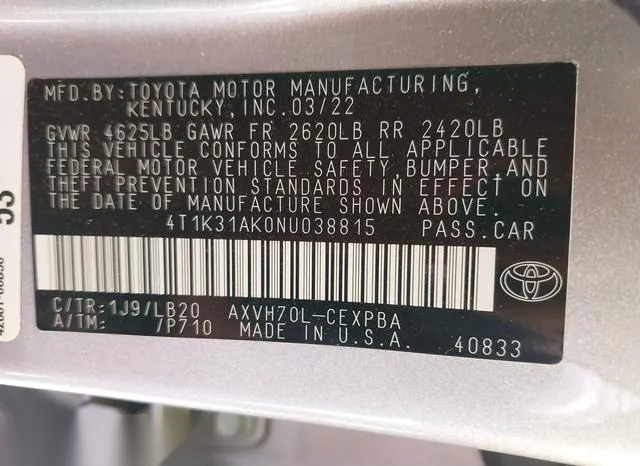 4T1K31AK0NU038815 2022 2022 Toyota Camry- Xse Hybrid 9