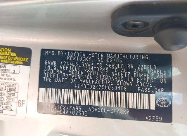 4T1BE32K75U050108 2005 2005 Toyota Camry- Xle 9