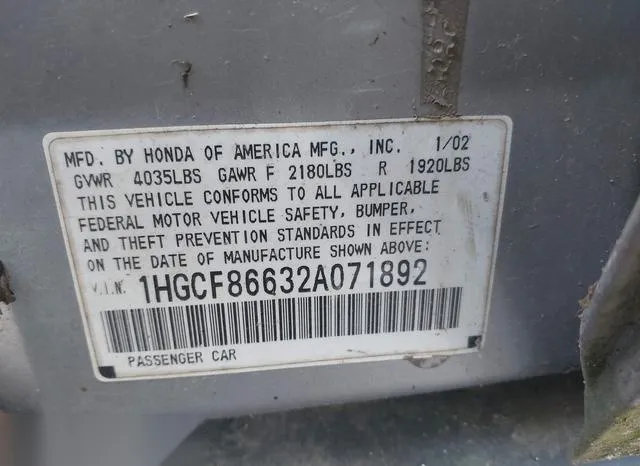 1HGCF86632A071892 2002 2002 Honda Accord- 2-3 VP 9