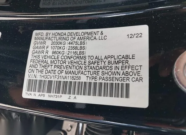 1HGCV1F31NA118258 2022 2022 Honda Accord- Sport 9