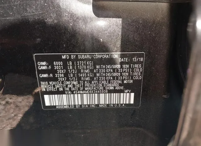 4S4WMAMD6K3445938 2019 2019 Subaru Ascent- Limited 9