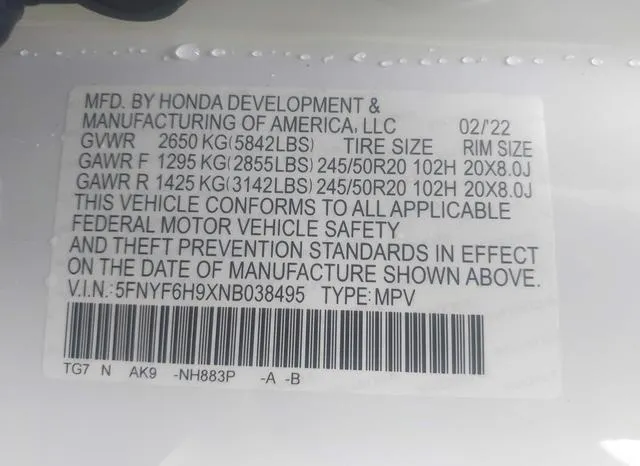 5FNYF6H9XNB038495 2022 2022 Honda Pilot- Awd Touring 8 Passe 9