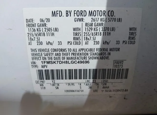 1FMSK7DH8LGC49696 2020 2020 Ford Explorer- Xlt 9