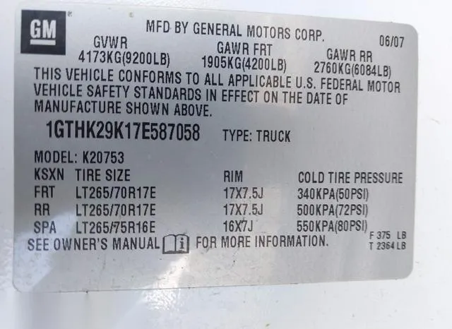 1GTHK29K17E587058 2007 2007 GMC Sierra- 2500hd Slt 9