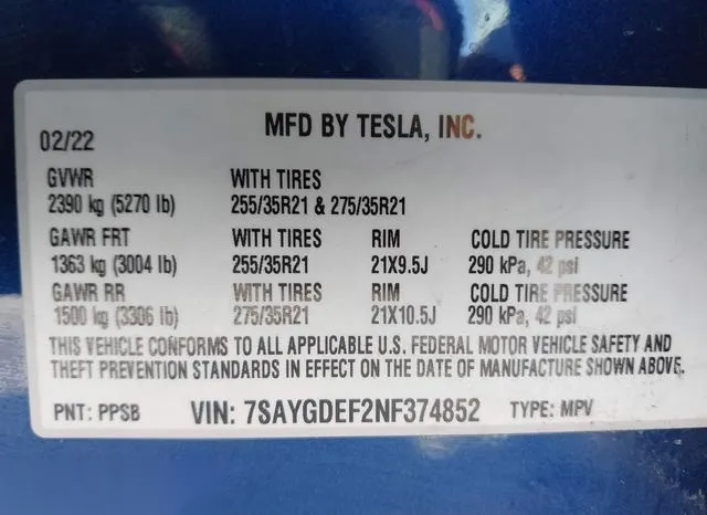 7SAYGDEF2NF374852 2022 2022 Tesla Model Y- Performance Dual  9