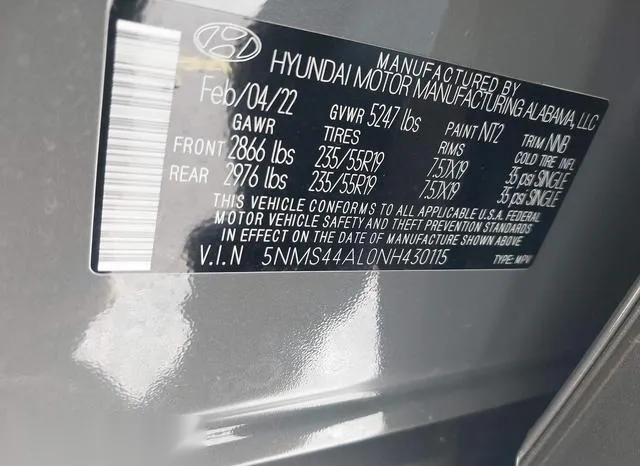 5NMS44AL0NH430115 2022 2022 Hyundai Santa Fe- Limited 9