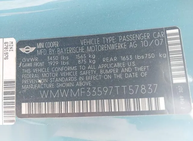 WMWMF33597TT57837 2007 2007 Mini Cooper 9