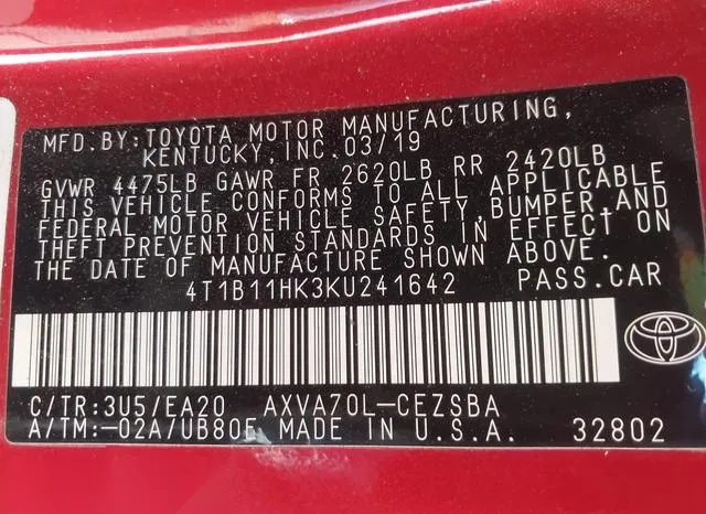 4T1B11HK3KU241642 2019 2019 Toyota Camry- SE 9