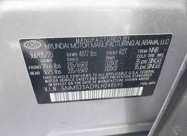 5NMS23AD9LH248595 2020 2020 Hyundai Santa Fe- SE 9