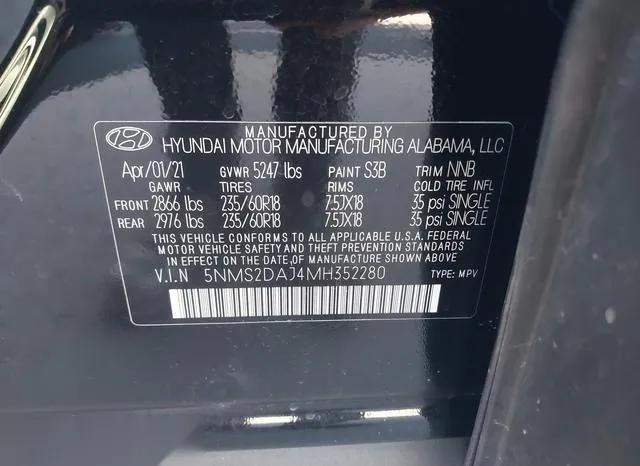 5NMS2DAJ4MH352280 2021 2021 Hyundai Santa Fe- Sel 9