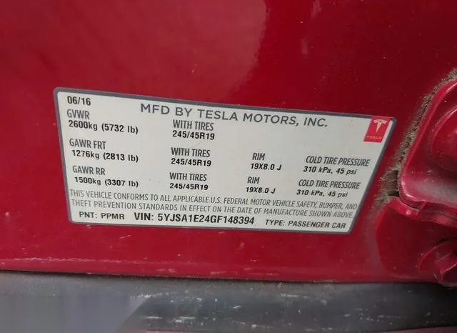 5YJSA1E24GF148394 2016 2016 Tesla Model S- 60D/70D/75D/85D/90D 9