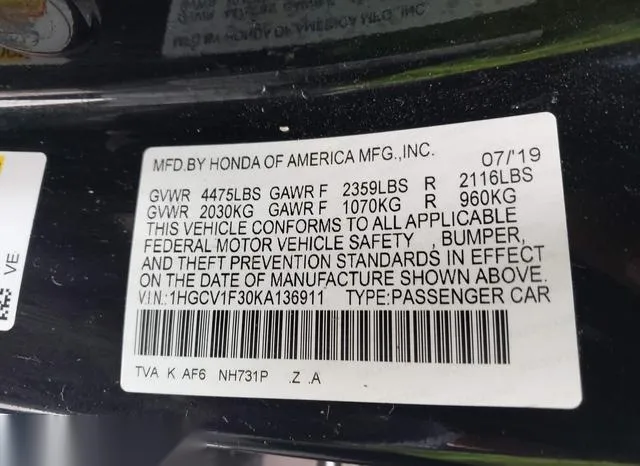 1HGCV1F30KA136911 2019 2019 Honda Accord- Sport 9