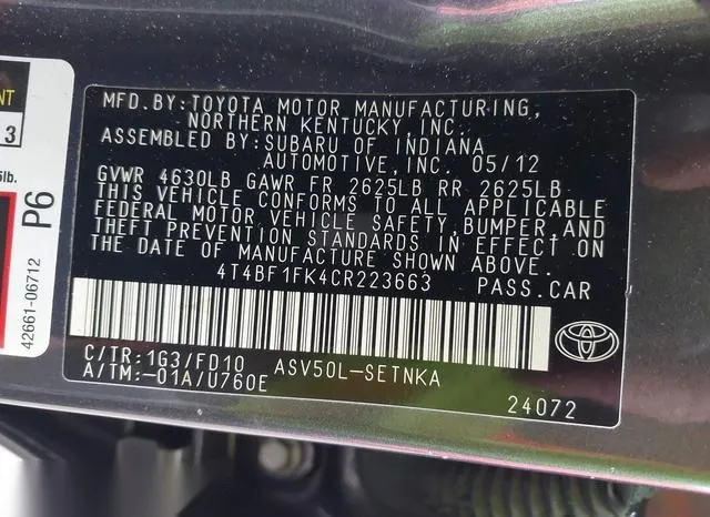 4T4BF1FK4CR223663 2012 2012 Toyota Camry- LE 9