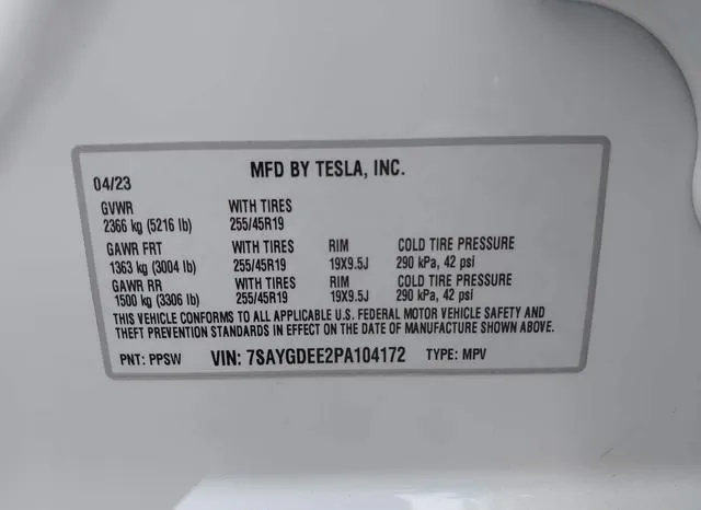 7SAYGDEE2PA104172 2023 2023 Tesla Model Y- Awd/Long Range D 9