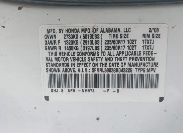 5FNRL38938B043229 2008 2008 Honda Odyssey- Touring 9