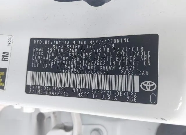 5YFEPRAE6LP098820 2020 2020 Toyota Corolla- LE 9