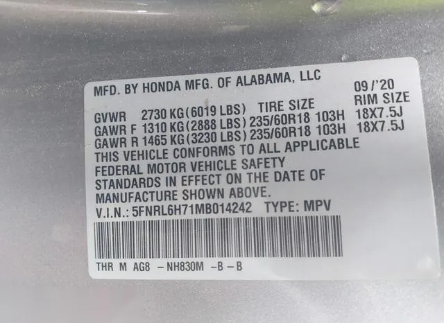 5FNRL6H71MB014242 2021 2021 Honda Odyssey- Ex-L 9