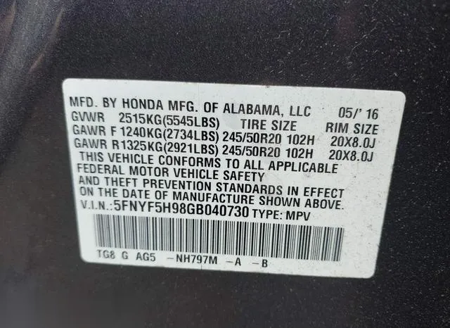 5FNYF5H98GB040730 2016 2016 Honda Pilot- Touring 9