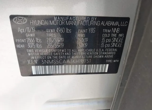 5NMS5CAA3KH112751 2019 2019 Hyundai Santa Fe- Limited 2-0T 9