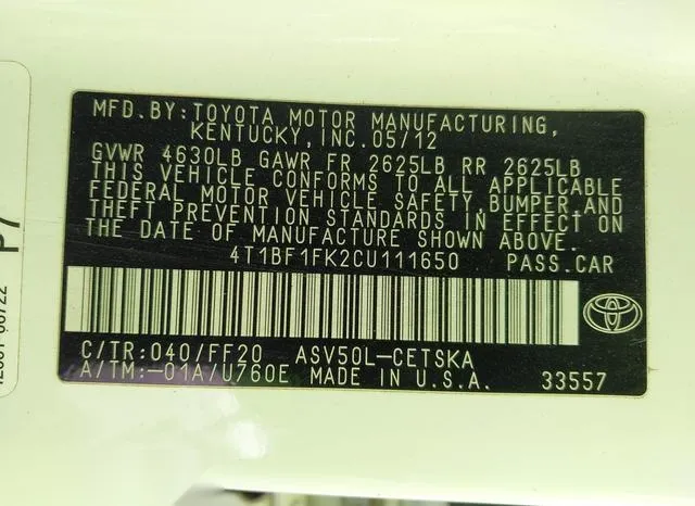 4T1BF1FK2CU111650 2012 2012 Toyota Camry- SE 9