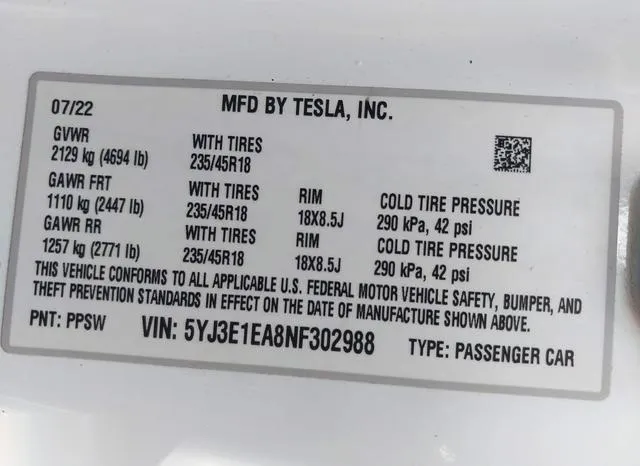 5YJ3E1EA8NF302988 2022 2022 Tesla Model 3 9