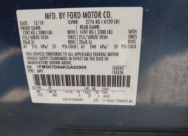 1FM5K7D84KGA92969 2019 2019 Ford Explorer- Xlt 9