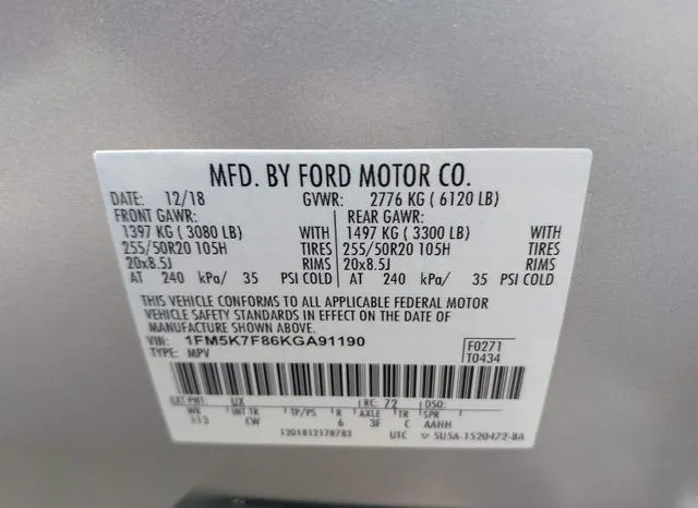 1FM5K7F86KGA91190 2019 2019 Ford Explorer- Limited 9