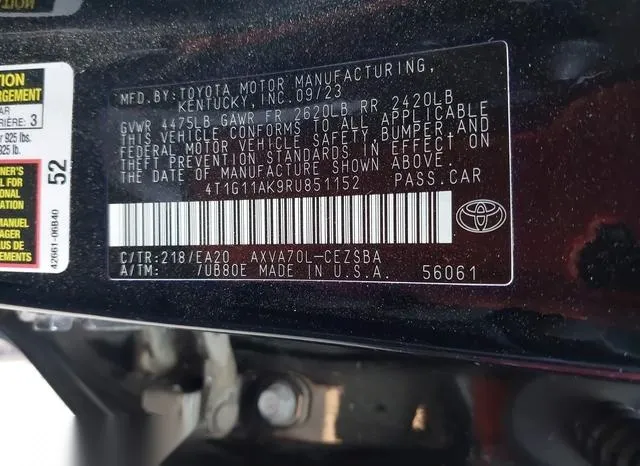 4T1G11AK9RU851152 2024 2024 Toyota Camry- SE 9