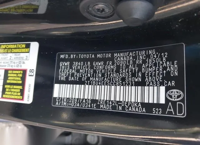 2T1BU4EE5CC851231 2012 2012 Toyota Corolla- L 9