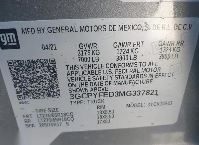 3GCPYFED3MG337821 2021 2021 Chevrolet Silverado 1500- 4Wd 9