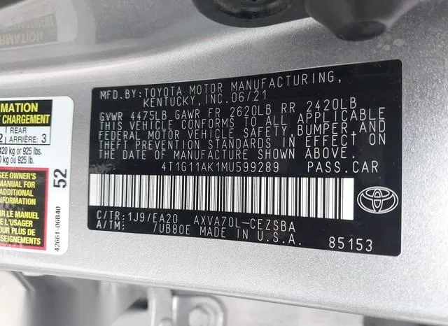 4T1G11AK1MU599289 2021 2021 Toyota Camry- SE 9