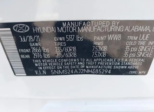 5NMS24AJ2NH385294 2022 2022 Hyundai Santa Fe- Sel 9