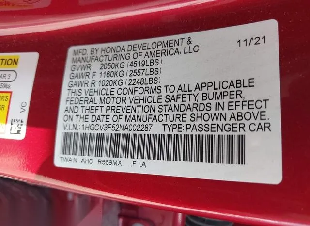 1HGCV3F52NA002287 2022 2022 Honda Accord- Hybrid Ex-L 9