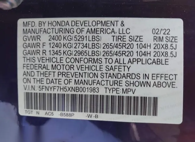 5FNYF7H5XNB001983 2022 2022 Honda Passport- 2Wd Ex-L 9