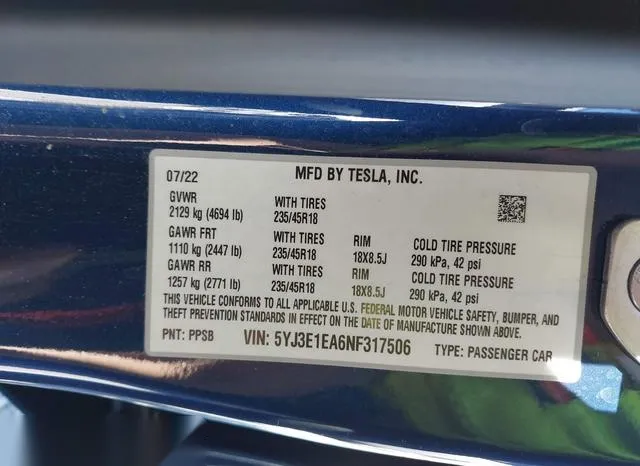 5YJ3E1EA6NF317506 2022 2022 Tesla Model 3 9