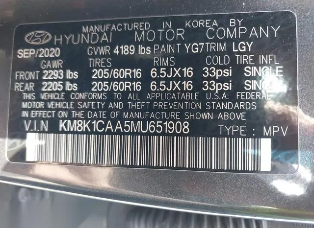 KM8K1CAA5MU651908 2021 2021 Hyundai Kona- SE 9