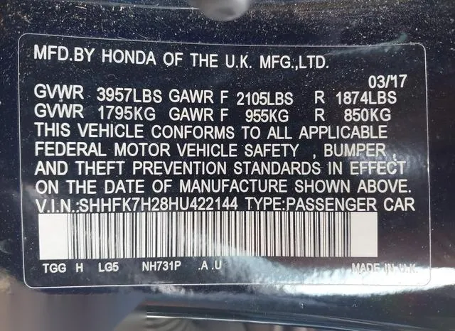 SHHFK7H28HU422144 2017 2017 Honda Civic- LX 9