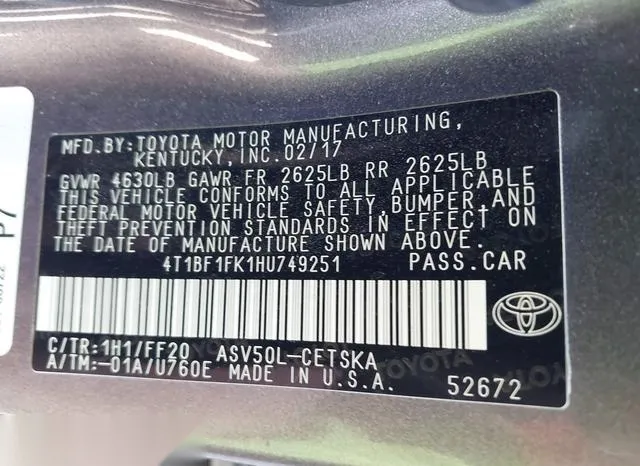 4T1BF1FK1HU749251 2017 2017 Toyota Camry- SE 9