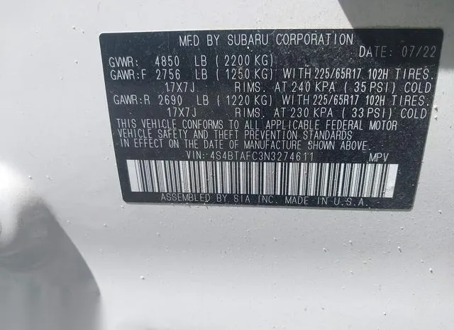 4S4BTAFC3N3274611 2022 2022 Subaru Outback- Premium 9