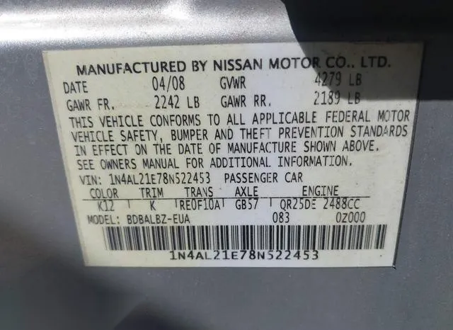 1N4AL21E78N522453 2008 2008 Nissan Altima- 2-5 S 9