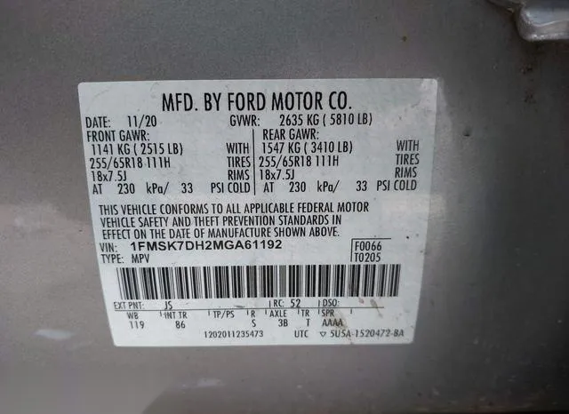 1FMSK7DH2MGA61192 2021 2021 Ford Explorer- Xlt 9