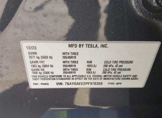 7SAYGAEE2PF978359 2023 2023 Tesla Model Y- Awd/Long Range D 9