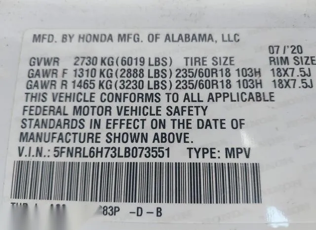 5FNRL6H73LB073551 2020 2020 Honda Odyssey- Ex-L/Ex-L W/Navi  9