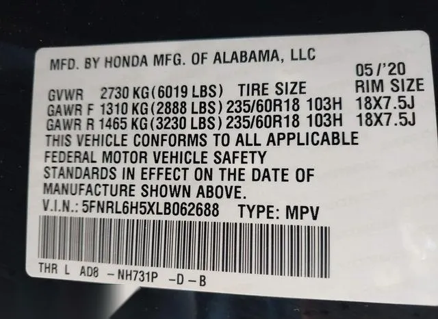 5FNRL6H5XLB062688 2020 2020 Honda Odyssey- EX 9