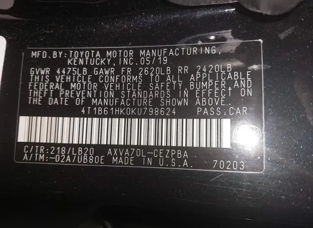 4T1B61HK0KU798624 2019 2019 Toyota Camry- Xse 9