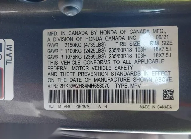 2HKRW2H84MH658070 2021 2021 Honda CR-V- Awd Ex-L 9