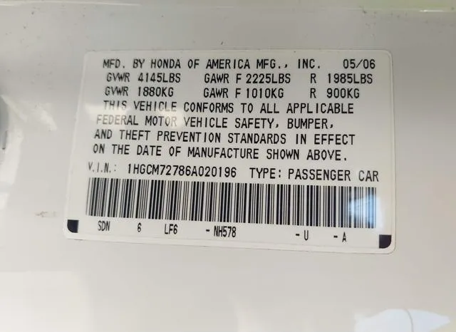 1HGCM72786A020196 2006 2006 Honda Accord- 2-4 EX 9