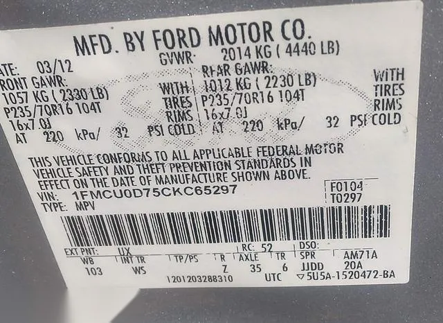 1FMCU0D75CKC65297 2012 2012 Ford Escape- Xlt 9